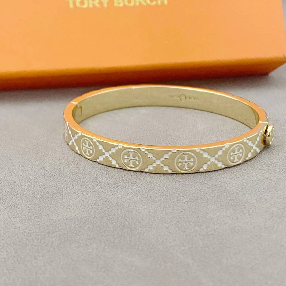 Tory Burch Gold and Cream Patterned Enamel Logo Bangle